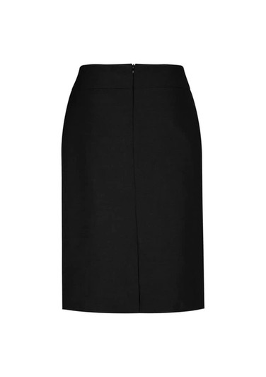 A women's classic knee-length skirt in black, featuring a sleek design and a zip closure at the back.