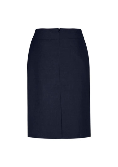 A knee-length women's skirt in navy blue with a central back zipper and a fitted silhouette.