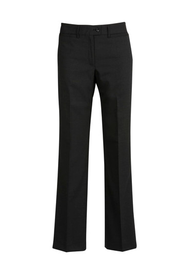 Classic women's black slacks featuring a straight leg design and a simple waistband with a button closure.