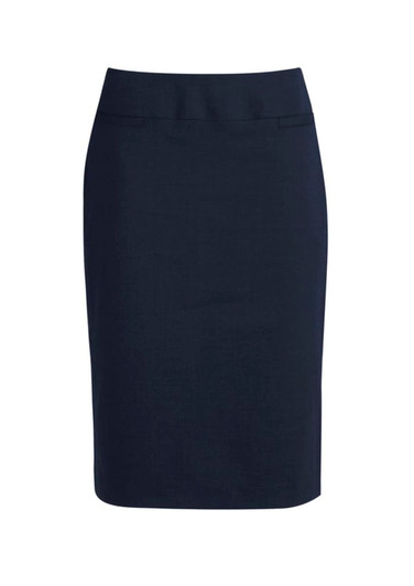 A stylish below-knee women's skirt in a dark navy colour, featuring a fitted silhouette and waistband.