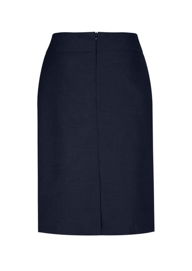 A below-knee women's skirt in navy with a zip closure at the back. Includes a logo.