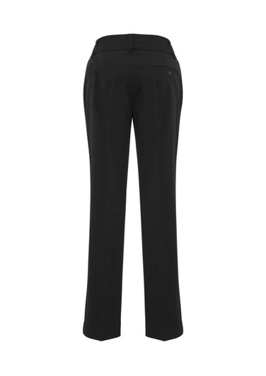 A pair of women's black slacks with straight legs, featuring a back pocket and waistband.