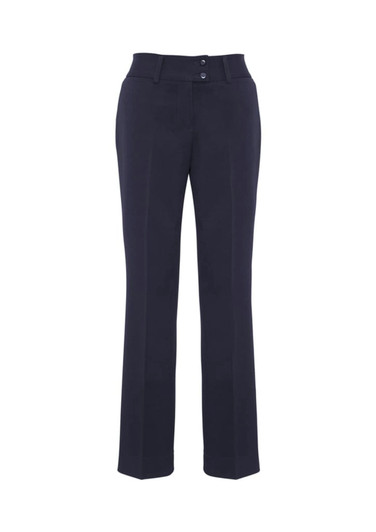 A pair of navy slacks featuring a straight-leg design and two front buttons. The garment has a logo.