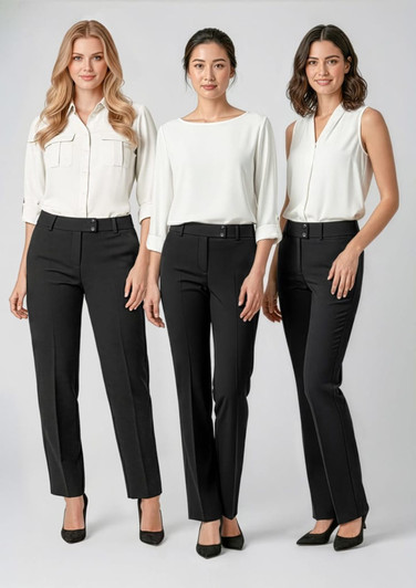 Three models wearing black slacks, styled with white blouses. The pants feature a sleek design and fit.