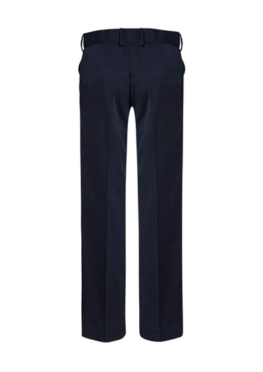 Navy blue women's slacks featuring a sleek design, with a belt and two side pockets.