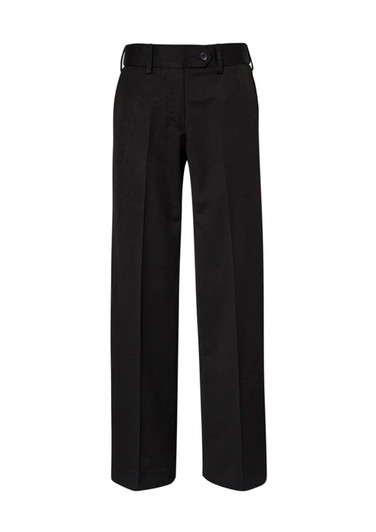 Black women's slacks with a straight leg design and a waistband featuring a button, accompanied by a logo.
