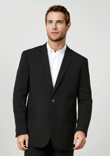 A classic black men's jacket with a single button, featuring notched lapels and side pockets.