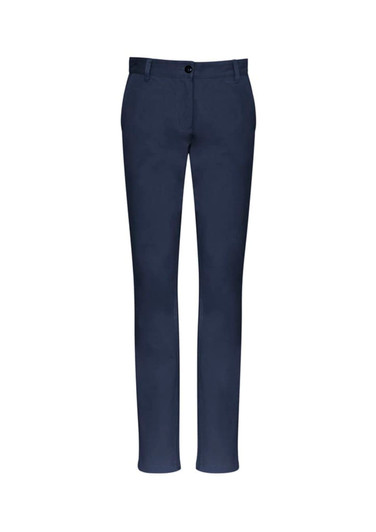 Navy blue women's chino pants with a tapered fit and a front button closure, featuring a logo on the back.
