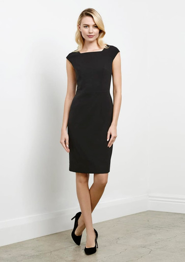 A fitted black dress with cap sleeves and a knee-length hem, displayed on a model against a plain background.