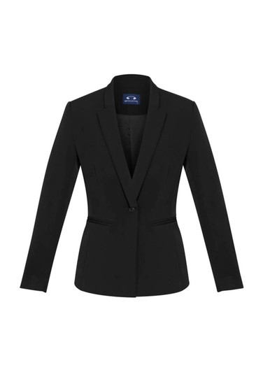 A women's black fitted blazer with a notched collar and single button fastening, featuring a logo inside.
