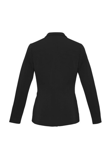 A black women's blazer with long sleeves and a tailored fit, featuring a collar and a brand logo.