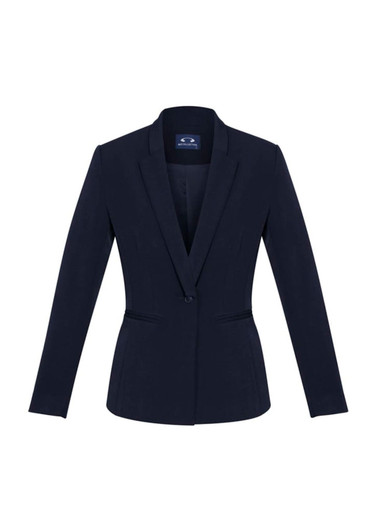 A fitted women's blazer in navy blue with a single button and tailored design. Includes a logo on the inside.