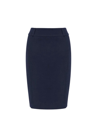 A fitted navy blue skirt with a waistband and subtle design details, featuring a brand logo.