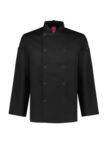 A black long sleeve jacket with a double-breasted front and logo on the sleeve, designed for chefwear uniforms.