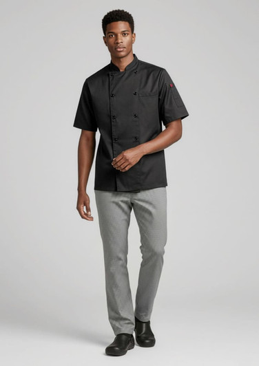 A model wearing a black short-sleeve chef jacket and grey pants, walking in a neutral background. The outfit features a logo.