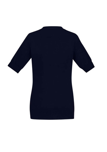 A navy women's zip front short sleeve knit cardigan with a fitted silhouette and cuffed sleeves.