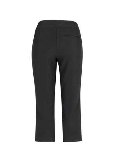 A pair of black 3/4 length stretch pants with a back pocket and a fitted waistband.