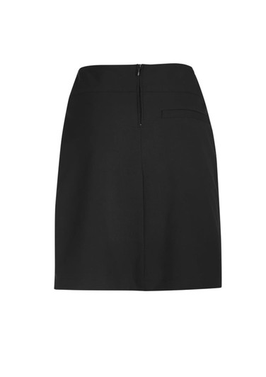 A black women's skort featuring a comfort waist and a rear zipper, with a single back pocket.