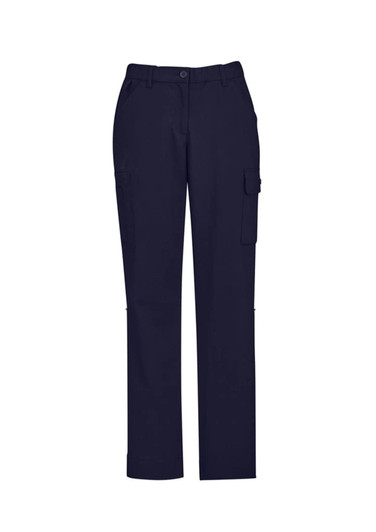 A pair of women's navy comfort waist cargo pants with multiple pockets and a branded label.