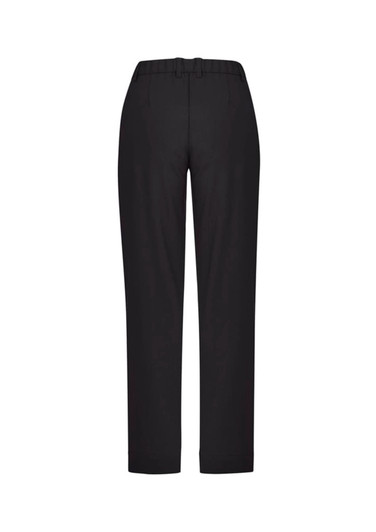 A pair of black women's straight leg pants featuring a comfort waistband and tailored design.