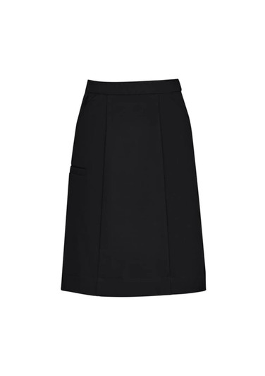 A black women's comfort waist cargo skirt featuring a simple design with side pockets and a straight cut.