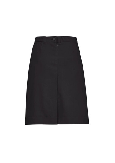 A black women's comfort waist cargo skirt with a straight cut, featuring pockets and a button closure.