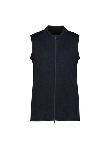 A sleeveless black vest featuring a zip front and a subtle texture, designed for women's wear.