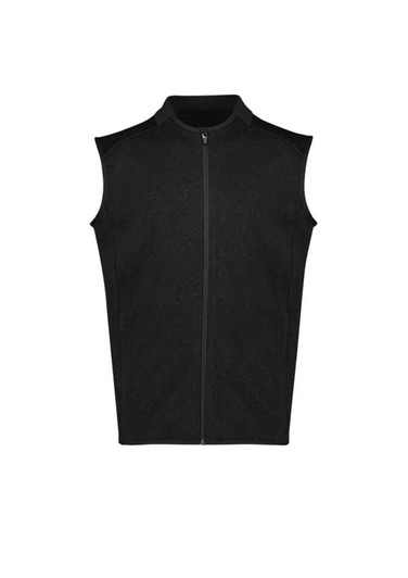 A black zip-front vest with no sleeves, featuring a smooth fabric texture and a subtle logo.