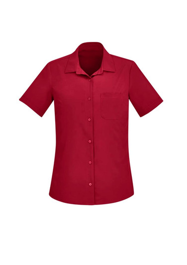A short-sleeve shirt in burgundy with a collar and a single pocket, featuring a logo.