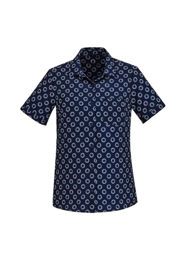 A short sleeve, button-up shirt featuring a navy background with a white daisy print pattern.