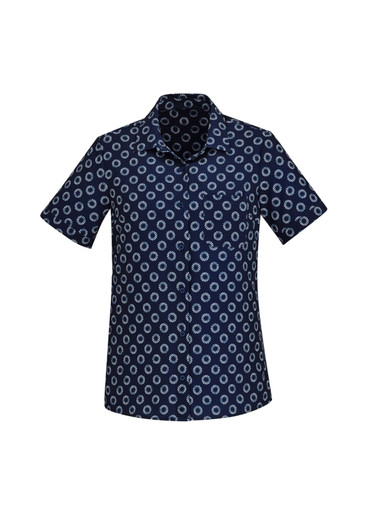 A short sleeve button-up shirt featuring a navy blue daisy print pattern and a chest pocket.
