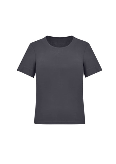 A short sleeve jersey top in dark grey with a round neckline, featuring a simple design and brand logo.