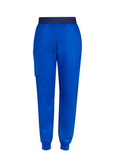 A pair of blue slim leg jogger scrub pants with a waistband and side pocket, featuring a logo.