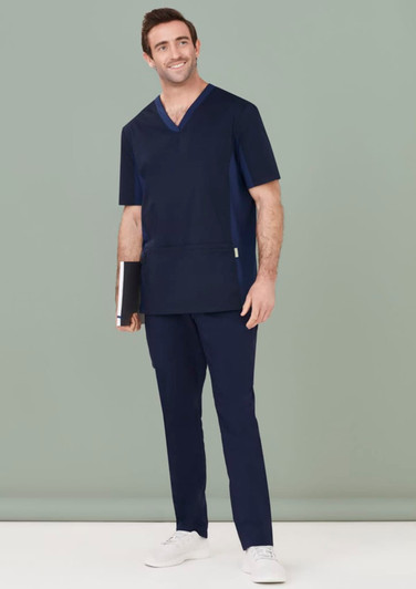 A navy blue men's slim leg jogger scrub pant, styled with a matching scrub top, set against a plain background.