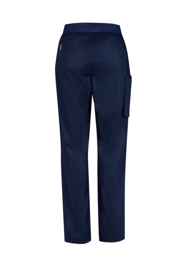 Navy women's scrub pants featuring a straight leg design and a side pocket, with a logo on the back.