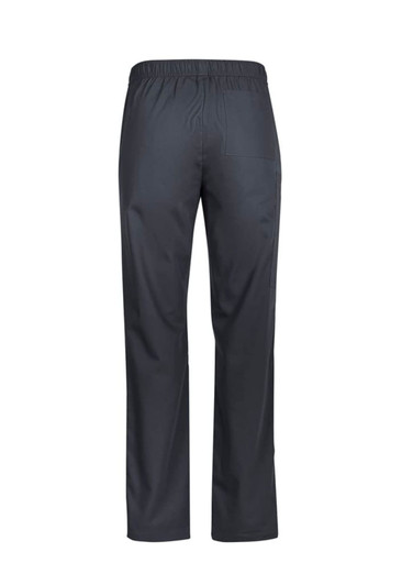 A pair of dark grey men's scrub pants with an elastic waistband and a back pocket.