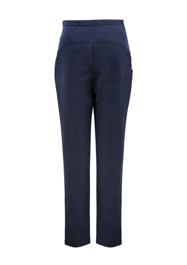 Navy women's maternity scrub pants with a high waistband and back pockets. Features a simple design with a logo.