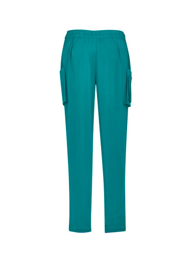 Teal women's slim leg scrub pants with side pockets and an elastic waistband. Features a logo on the waistband.