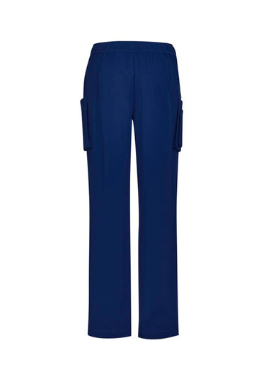 Navy blue women's straight leg scrub pants with side pockets and an elastic waistband, featuring a logo.