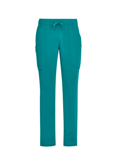 Teal straight leg scrub pants with side pockets and an adjustable drawstring waistband. Features a logo on the design.