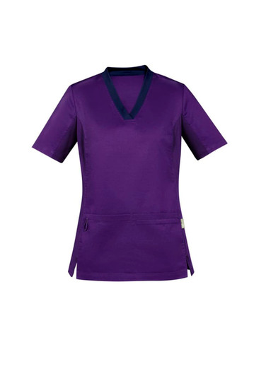 A purple women's scrub top with short sleeves and a navy collar, featuring a pouch pocket and a logo.