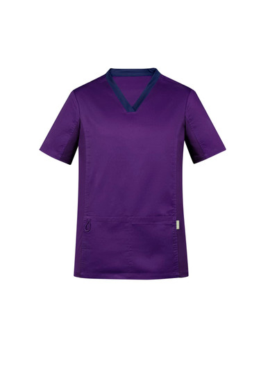 A purple men's scrub top with a contrasting collar, featuring short sleeves and a front pocket.