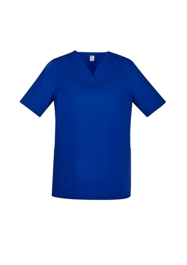 A blue women's scrub top with short sleeves and two front pockets, featuring a logo.