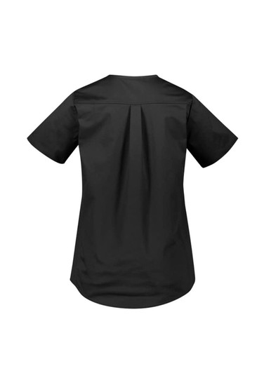 A women's black tunic scrub top with short sleeves and a pleated back design. It features a logo on the fabric.