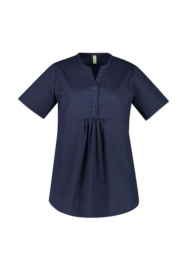A navy blue women's tunic scrub top with a buttoned placket and short sleeves, featuring a relaxed fit.
