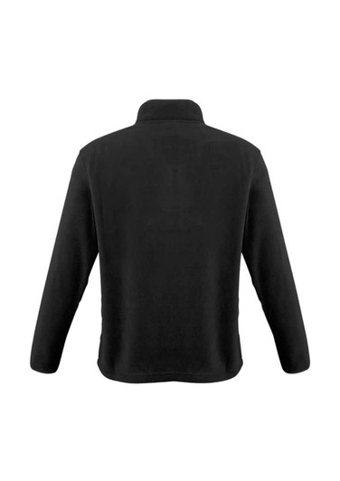 A black polar fleece jacket featuring a collar and long sleeves, with a simple design and branding on the back.