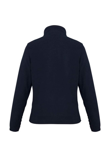 A dark navy women's fleece jacket featuring a high collar, showing the back view and smooth fabric texture.