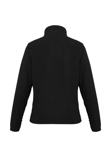 A black polar fleece women's jacket featuring a high collar and long sleeves, with a logo on the back.