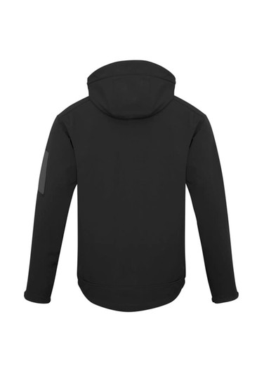 A black soft shell jacket featuring a hood and a logo on the sleeve. The back view highlights its sleek design.