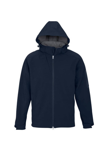 A navy soft shell jacket with a hood, featuring a zip front and side pockets. It includes a logo on the sleeve.